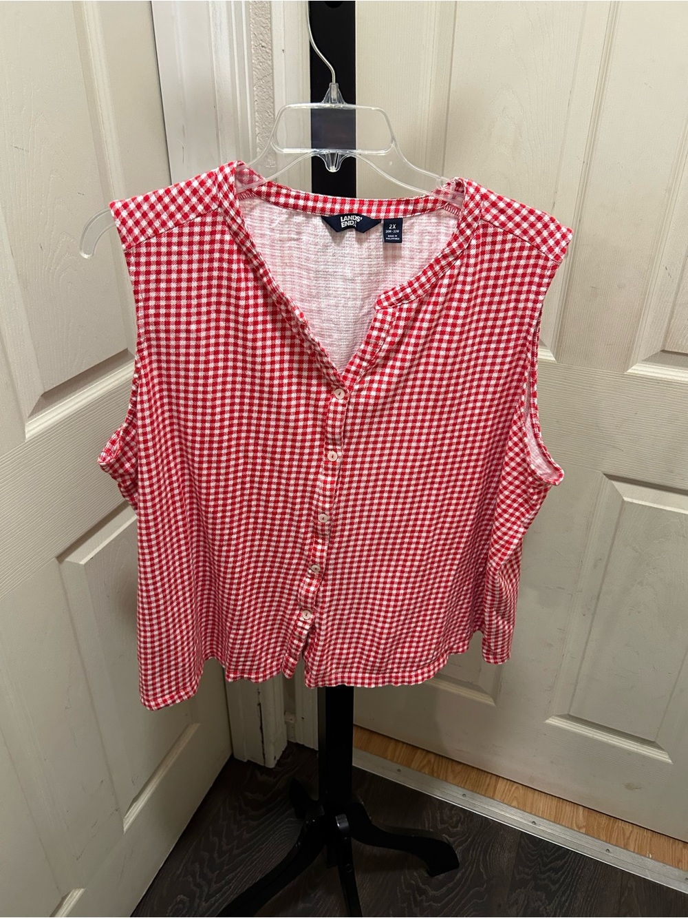 Lands' End Red and White Gingham Button-Front Sleeveless Top